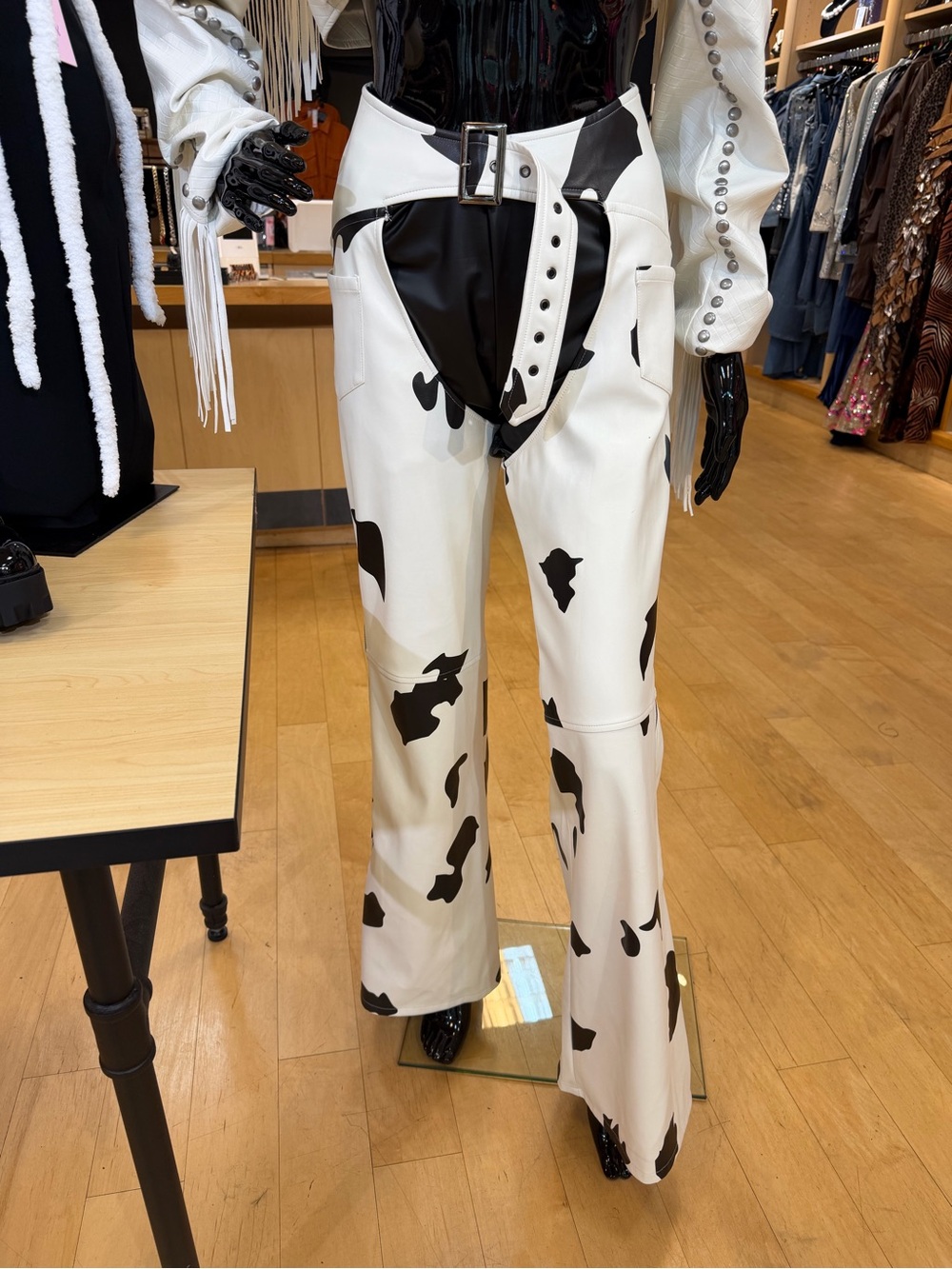 Wide Leg Cow-Print Pants in Black & White (cow boy) (chaps)